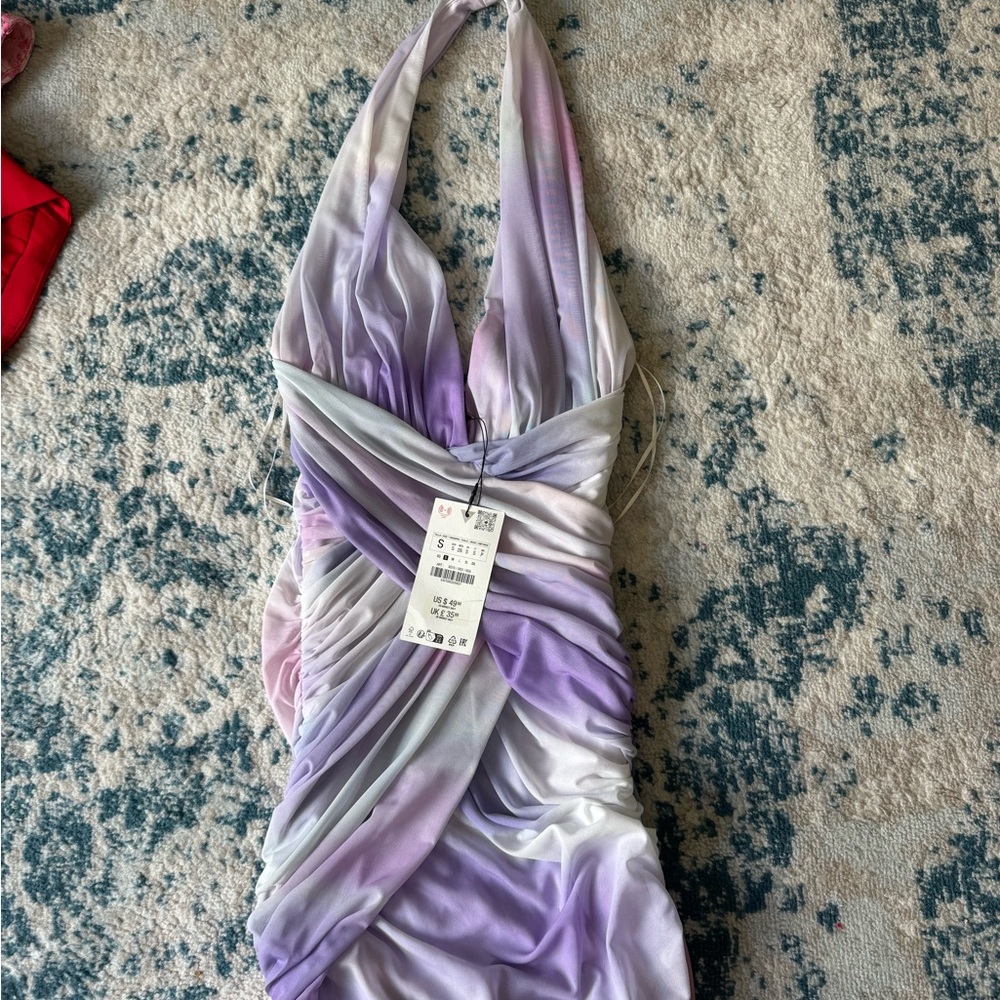 Zara Purple and White Dress with Elegant Ruching